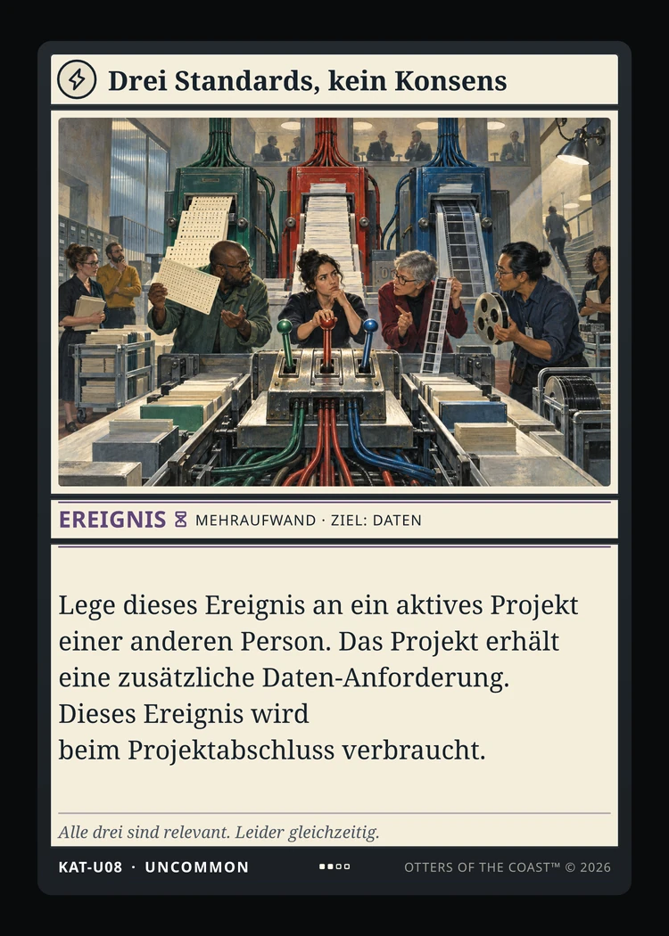 Ereigniskarte „Drei Standards, kein Konsens“ mit dem Schlüsselwort Mehraufwand